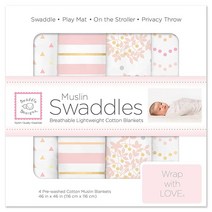 SwaddleDesigns 면 모슬린 포대기 담요 4개 세트 남아 및 여아용 목욕 담요 최고의 샤워 선물 116.8 x 116.8cm(46 x 46인치) 핑크 플로럴, Pink Heavenly Floral