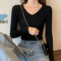 감성갤러리 여성 슬림라인 골지 브이넥 긴팔 티셔츠
