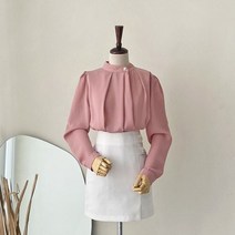 [바보사랑] 여자 핀턱 셔링 쉬폰 심플 무지 퍼프 블라우스[옷자락]