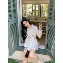 CHIC 긴소매셔츠원피스 여성 봄계절 2023 디자인감각 블루 허리보정 A라인 짧은