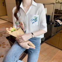 한국판 캐주얼 칠부소매 프린트 쉬폰 블라우스 상의 셔츠 여외복 코디 여름