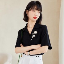30 40대 미시 카라 브이넥 플라워 장미 꽃 자수 배색 여름 반팔 셔츠 남방 블랙