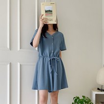 퍼니걸스 6732 브이넥 지지미 5부 와이드 반팔 점프슈트 여성의류