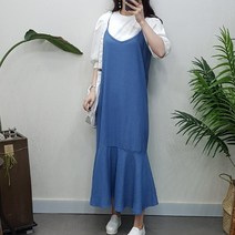 제이후 데님 끈나시 밑단 프릴 머메이드 진청 연청 뷔스티에 롱원피스