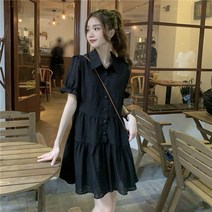 러블리 퍼프 숄더 플레어 포인트 카라넥 반소매 단추 캉캉 A라인 미니 원피스 블랙 화이트