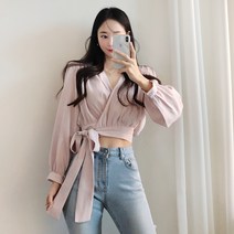 로맨틱한무드 셔링 스트랩 랩 긴팔 블라우스(bl659)