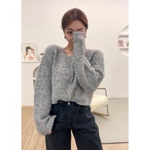 여성 가을 부클 크롭 뽀글이 스퀘어넥 회색 니트 가디건