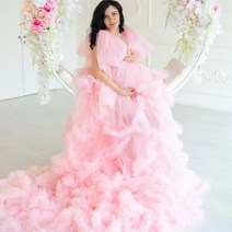 퍼프 러플 임산부 얇은 명주 그로스 가운 사진 촬영 러플 임산부 드레스 베이비 샤워 베이비 샤워, 44.L  pink