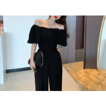 오프 숄더 점프수트 반팔 블랙 하이 웨이스트 점프슈트 슬리밍 와이드 레그 팬츠
