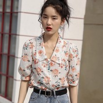 블라우스 셔츠 여성 반팔 턴 다운 칼라 여름 레저 올 매치 프린트 시크 스트리트웨어 쉬폰 얼짱 데일리