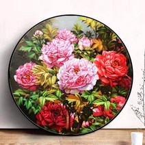 부귀영화를 상징하는 목단꽃 원형 보석십자수 화려하고 고운 모란꽃 비즈그림, 60x60cm