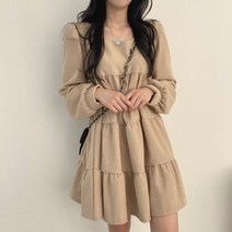 퍼프 소매 티어드 A라인 루즈핏 롱티셔츠 미니원피스