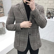 용된다 남자 울 글렌 체크 싱글 자켓 블렉이져