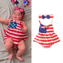 MJLJY 독립 기념일 유아 아기 소녀 Romper 스타 스트 라이프 민소매 아기 Playsuit 점프 슈트 머리 장식 신생아 여름 옷