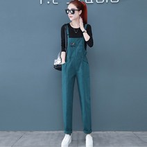 연예인룩 슬림핏 버튼바지 모노멜빵 레터링 시크블랙 오버롤 밴딩 스트레이트핏 여자 멜빵바지 나염