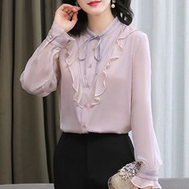 SURBORT 솔리드 리본 실크 셔츠 긴팔 뽕잠사 상의 쉬폰 블라우스