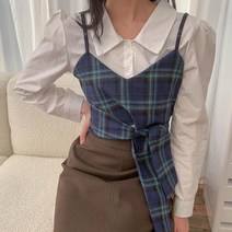 뒷면 리본 체크패턴 캐주얼 뷔스티에 내추럴니트 여성