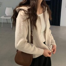 4colors 데일리 핏 여성 여자 가을 지퍼 미디 세미 크롭 니트 후드 집업 가디건