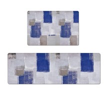 주방 러그 세트 2피스 추상 아트 주방 바닥 매트 방수 및 미끄럼 방지 PVC 가죽 피로 방지 편안한 스탠딩 매트 세탁 가능, Blue Smearasg2602, 18x30inch + 18x59inch