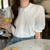 [당일배송] 노르망 핀턱 노카라 퍼프소매 반팔 셔츠 블라우스