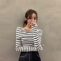 [메이빈스] 스트라이프 오프숄더 티셔츠
