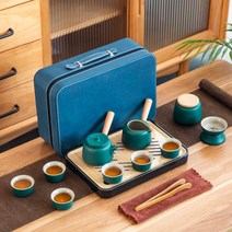 일본 다기 세트 찻잔 중국 도자기 다도 이효리 1인-6인 여행용 캠핑용 휴대용 가죽가방, 파란색 가방 - 녹색 - A