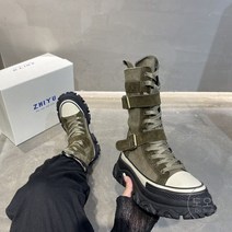 도오빠 여성 워커 부츠 미들 레이스업 버클 캔버스 키높이 5CM 앵클부츠 단화 워커 힐 쿠션 발편한 가벼운 여자워커힐
