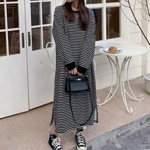 단가라 기모 여성 롱 원피스 루즈핏 티셔츠 긴팔 스트라이프