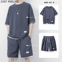 JUST FEEL!NG 여름 남성 루즈핏 반팔 티셔츠 반바지 투피스 트레이닝북 컬러 비치웨어 세트 빅사이즈