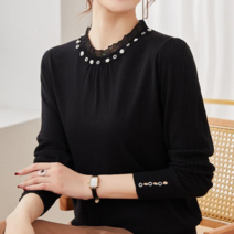 카라 프릴 진주 장식 티 블라우스