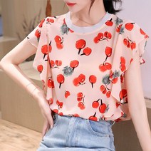 스타일아유 여름 여성 데일리 패턴 라운드 프릴 캡소매 블라우스
