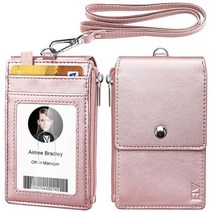 ELV 지퍼가 달린 배지 홀더 PU 가죽 ID 카드 지갑 슬롯 5개 측면 RFID 차단 포켓 1개 및 사무실 학교 운전 면허증용 50.8cm(20인치) 목 랜야드 스트랩 (블랙), Rose Gold