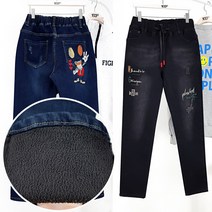 103st 여성 융기모 본딩 겨울 배기 청바지 밴딩 스판 캐릭터 자수 데님 진청 흑청 블랙진 6종 택 1