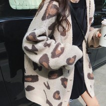 네모엔룩 여성용 호피오버핏 여리여리 박시 V넥 앞단추 애니멀패턴 레오파드 니트 가디건 NL