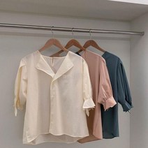 옷자락 [옷자락] 여자 브이넥 리본 반팔 3컬러 블라우스