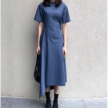 INS 인스타 COS스타일 2023 여름 캐주얼핏 밑단 언밸런스 슬림핏 라운드 반팔 원피스 여