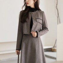 스타일온미 에밀러 하운드체크 쥬얼리버튼 노카라 자켓