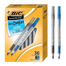 BIC 라운드 스틱 그립 엑스트라 컴포트 1.2 mm 미디엄 포인트 볼펜 블랙 36개 세트, 기본