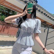 라라벨 여성용 블라우스 헬리 라운드넥 핀턱 스트링 퍼프 로맨틱 블라우스