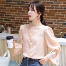 봄 블라우스 여 플레어 소매 스트링 자카드 기질 셔츠 레이스 코디 미니 톱