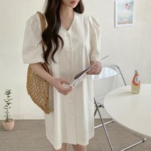 바보사랑 여자 봄 여름 데일리 브이넥 린넨 퍼프 원피스.옷자락(무료배송)