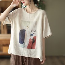 ONEPICK [안심구매 무료교환] 여성 빈티지 프린트 린넨 여름 맨투맨 반팔티셔츠