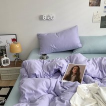 [All] 북유럽 인스타 감성 투톤 파스텔 침구 커버 풀세트 4종 단색 사계절 코튼 순면 이불 모음, 퍼플+하늘색_퀸 커버형 4종