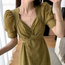 퍼프소매 슬림 롱원피스 쉬폰 체크 롱스커트 체크무늬 롱원피스 A라인 앞트임 원피스