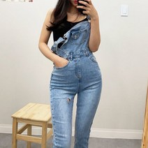 슬림핏 데님 연청 엉찢 멜빵 백버튼 스키니 오버롤 점프수트 팬츠