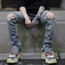남자 찢어진 청바지 연청 워싱진 일자 바지