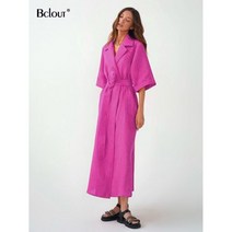 여름 오렌지 린넨 원피스 여성 우아한 노치 칼라 짧은 소매 랩 로브 코튼 그린 슬릿 롱