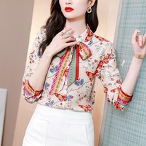 실크 블라우스 여 유럽역 가을 유럽풍 프린트 리본 실크 기질 셔츠