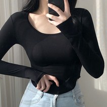 여성 사계절 무지 긴팔 유넥 글램 이너티 슬림핏 스판 쫀쫀 언발 라운드티 기본 베이직 언발티셔츠 유넥긴팔티