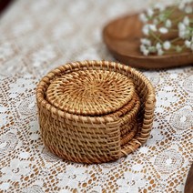 웨딩포 라탄 티코스터 6개와 홀더 세트 Rattan Tea Coaster & Holder